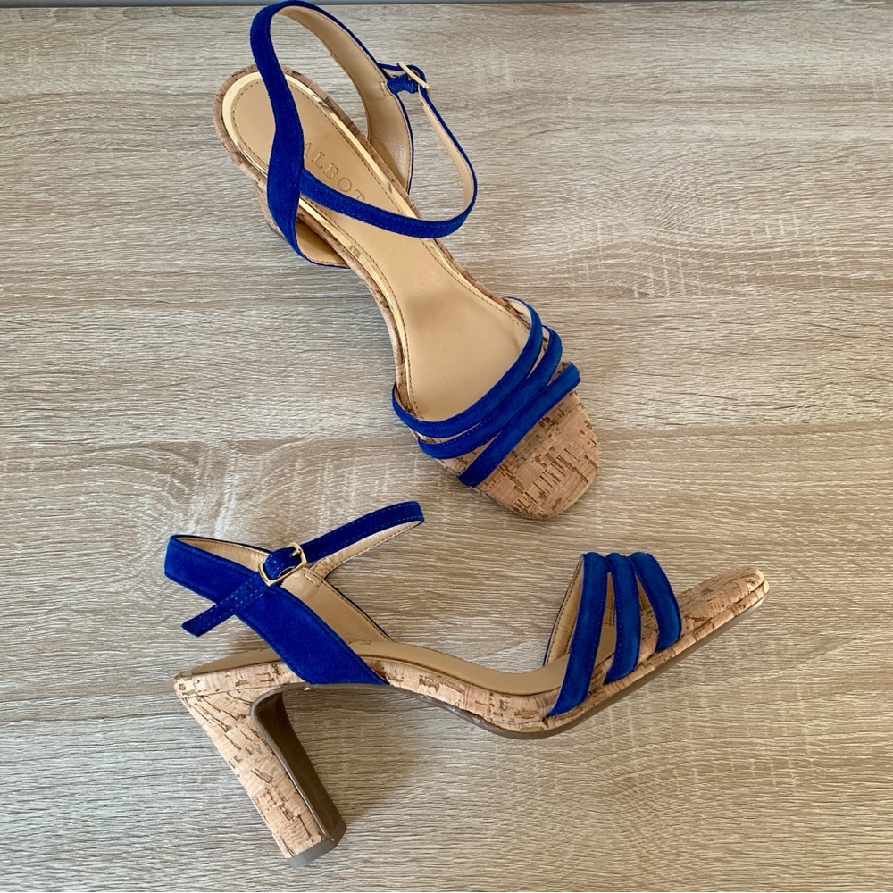 TALBOTS Bright Blue Suede Ankle Strap Cork Sandal Heels New